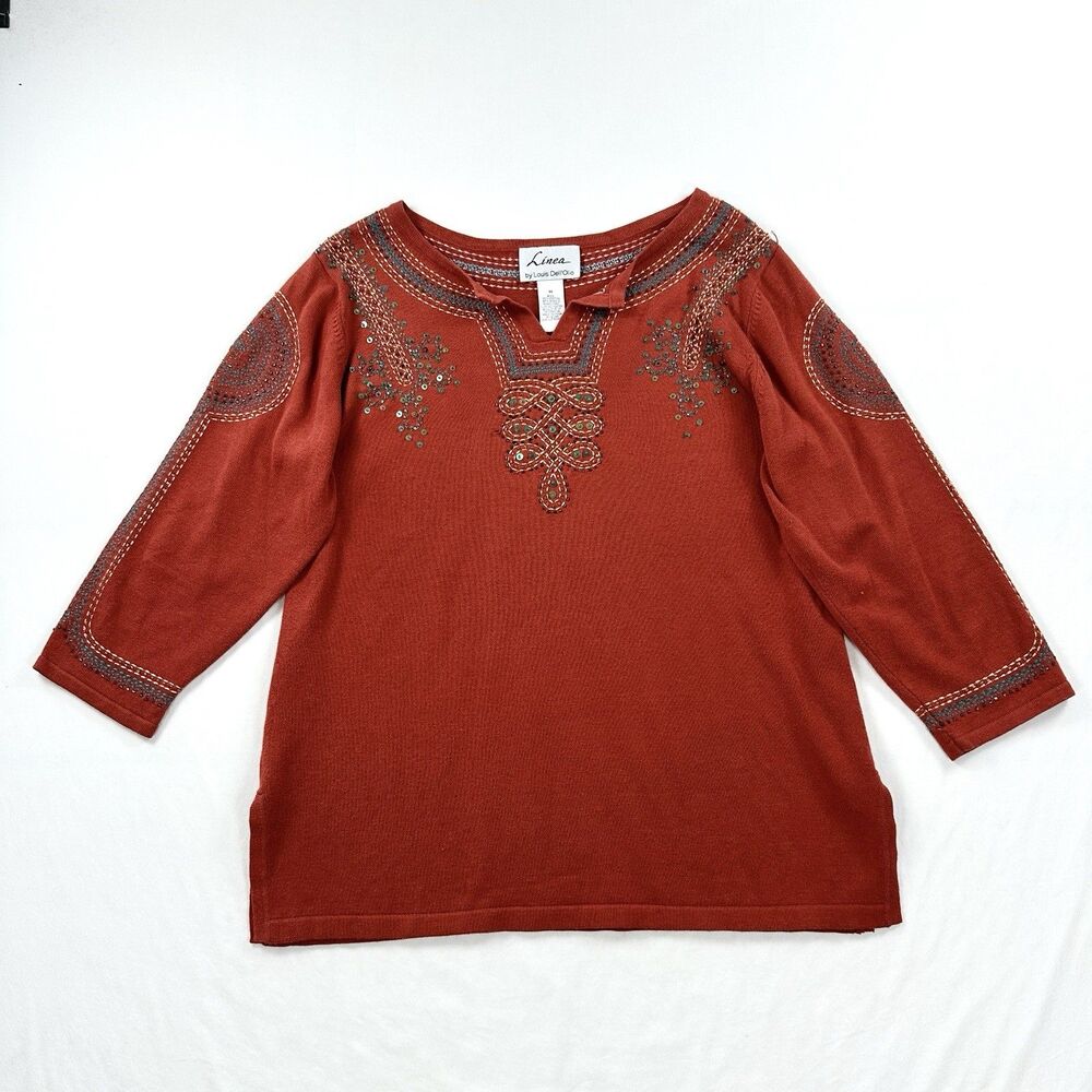 Linea by Louis Dell'Olio Embroidered Top Womens Medium Orange Brown Sequin Boho
